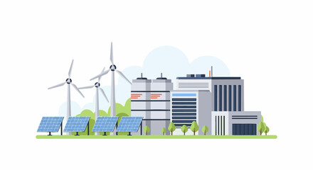 Fototapeta premium Modern Sustainable Power Plant with Solar Panels and Wind Turbines Flat Vector Illustration