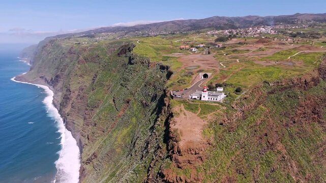 Aerial view of Farol da Ponta do Pargo, a lighthouse at the westernmost point of Madeira Island, Portugal