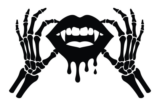 Skeleton hands holding vampire lips with dripping gothic horror bones fingers