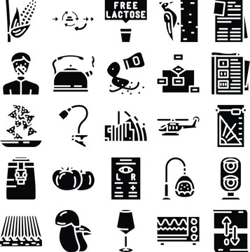 Diverse collection of pictogram icons illustrating various concepts from food and technology to health and daily objects, presenting a comprehensive graphic set