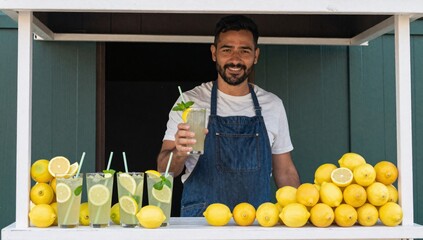 Obraz premium Man in a denim apron smiles while holding a glass of refreshing lemonade at a stand