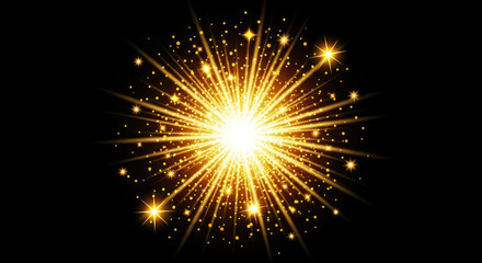 Fototapeta premium A brilliant golden explosion radiates outward from a central point against a stark black background.
