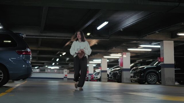 A young woman walks away from her car in an underground parking lot, putting her keys into her handbag as she heads towards the exit.