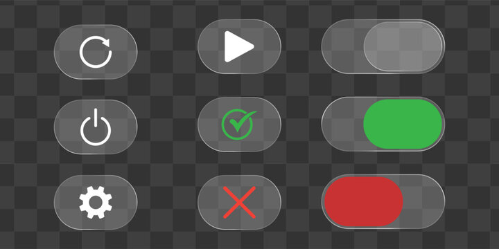Transparent glass UI buttons and toggle switches set, frosted pill controls with play refresh power check close gear icons and on/off states for web and app interface design	