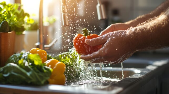 Washing fresh vegetables culinary preparation at home kitchen sink food photography bright environment close-up shot healthy eating concept
