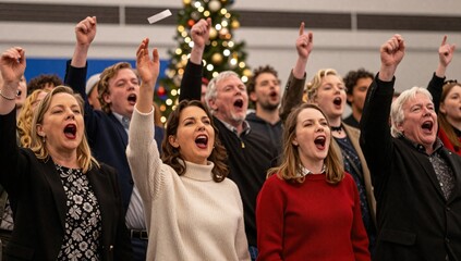 Fototapeta premium Enthusiastic group of people sing during the holiday season with arms raised up in excitement