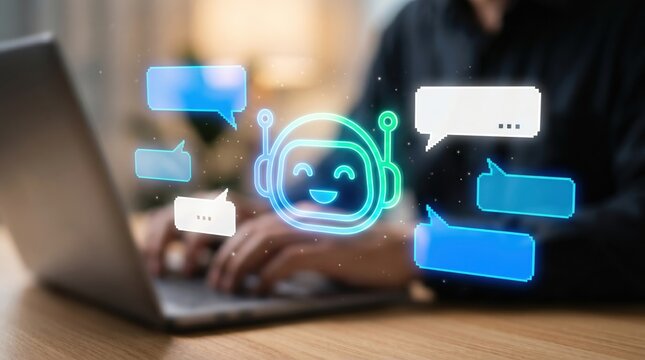 AI Chatbot and Automated Support Concept: Floating Neon Robot Head Icon and Electric Blue Speech Bubbles above Blurred Person Typing on Laptop