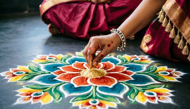 Close up of a woman wearing a traditional maroon sari and silver bangles creating a beautiful rangoli pattern with vibrant colored powders on the dark floor during a festive 