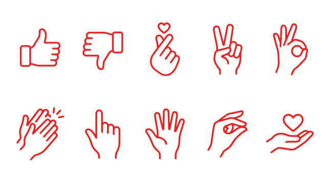 Collection of red line art hand gesture icons showing approval disapproval love and other communication