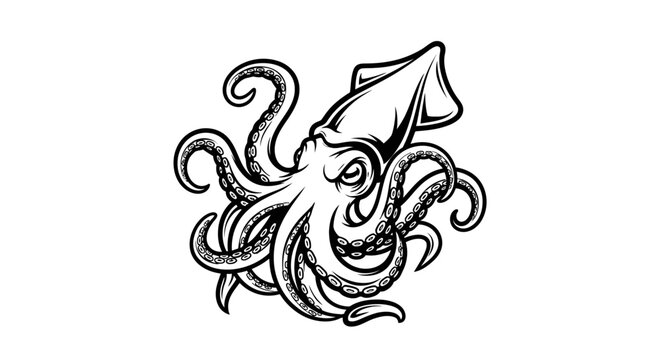 Detailed aggressive squid illustration with many swirling tentacles.