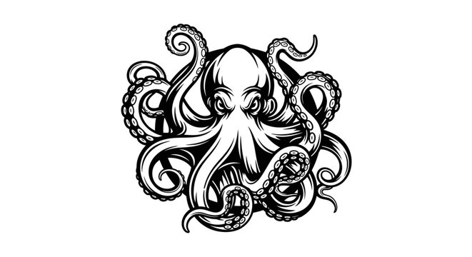 Elaborate black and white octopus art with dense tentacles