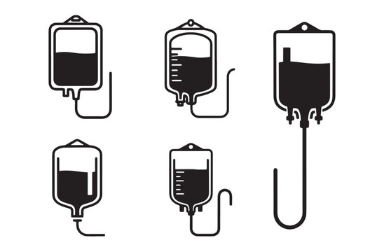 Medical IV drip bag icons, intravenous fluid therapy, healthcare and medicine, hospital equipment, saline solution, blood transfusion, medical treatment, emergency care