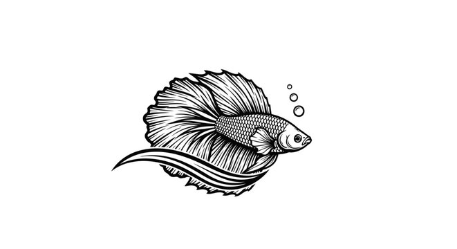 Detailed Siamese fighting fish black and white vector art.
