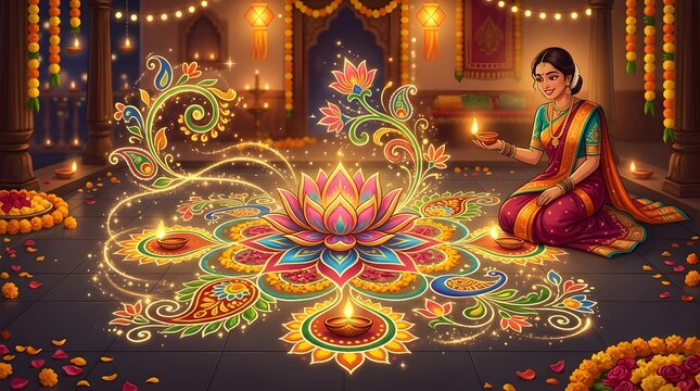 Beautiful indian woman in traditional clothing sits gracefully on the floor while holding a glowing oil lamp beside a vibrant colorful lotus flower rangoli pattern decorated