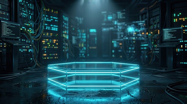 Podium kaca di ruang server background detail