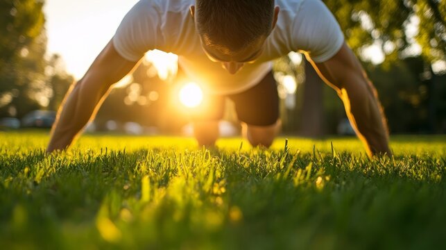 Outdoor fitness event man doing push-ups in park at sunset lifestyle photography natural environment dynamic perspective