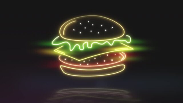 Bright multicolor neon burger with a reflective glow hovers on a dark backdrop in horizontal widescreen. Great for restaurant signage, fast-food commercials and menu promotions