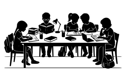 Fototapeta premium Kids doing homework silhouette vector illustration isolated on white