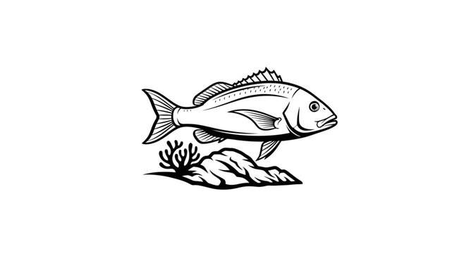 Black and white snapper fish swimming over ocean reef.