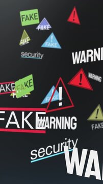 Multiple overlapping warning triangles with fake and security text creating internet danger visualization. Perfect for cybersecurity awareness campaigns