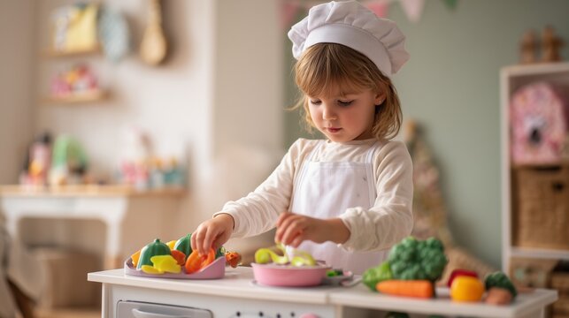 Little girl pretending to be a chef in a toy kitchen