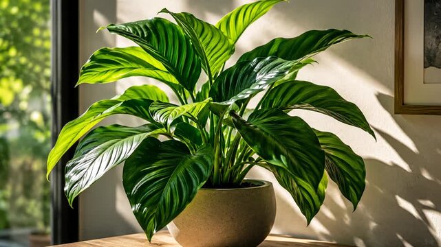Green peace lily houseplant in a decorative pot near a sunlit window, indoor gardening and home decor concept.