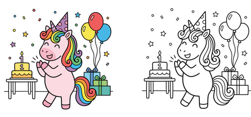 Cute unicorn celebrating first birthday coloring page and colored illustration set, baby unicorn with cake, balloons and gifts, outline and colorful cartoon vector © MMONIR
