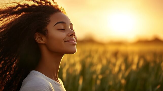 Joyful moment of reflection golden field at sunset portrait nature close-up serenity and contentment in the air