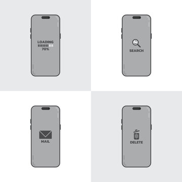 Smartphone vector illustration set showing loading screen search function email envelope and delete trash bin icons