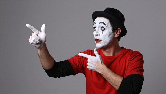 Mime artist with white face paint points with two hands towards opposite directions
