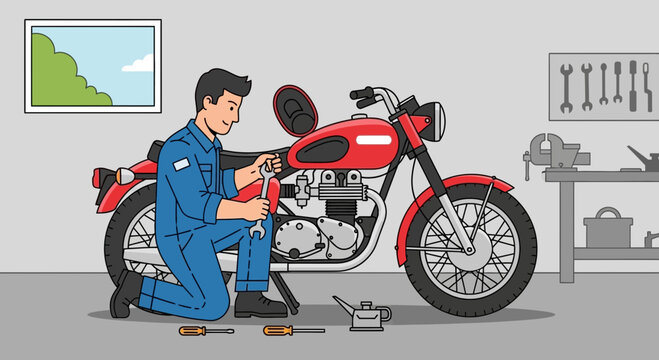 Motorcycle Mechanic Working on Bike in Garage Workshop