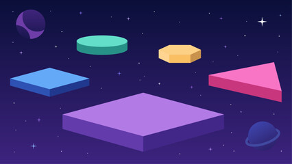 Planets and nebula background. Cartoon cosmic game graphic elements. Floating Geometric Platforms in Outer Space with Cosmic Background. Colorful 3D Game Assets © graphic