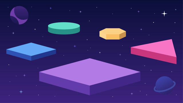 Planets and nebula background. Cartoon cosmic game graphic elements. Floating Geometric Platforms in Outer Space with Cosmic Background. Colorful 3D Game Assets