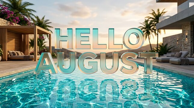 Hello August concept with luxury resort swimming pool at sunset