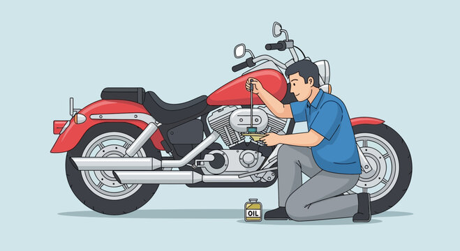 Motorcycle Maintenance Worker Changing Engine Oil