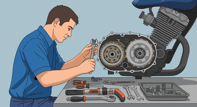 Mechanic Working on Vehicle Engine Components with Tools