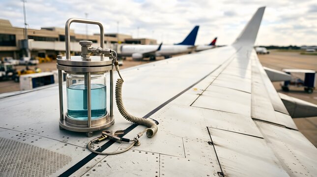 aviation fuel quality testing equipment positioned on aircraft wing for maintenance inspection safety compliance and operational reliability