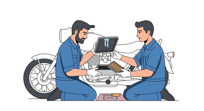 Mechanics Diagnosing Motorcycle Engine with Digital Tools