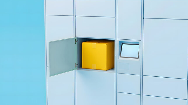 Blue smart parcel locker with an open door revealing a yellow delivery box