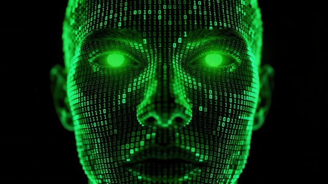 Digital face with glowing eyes