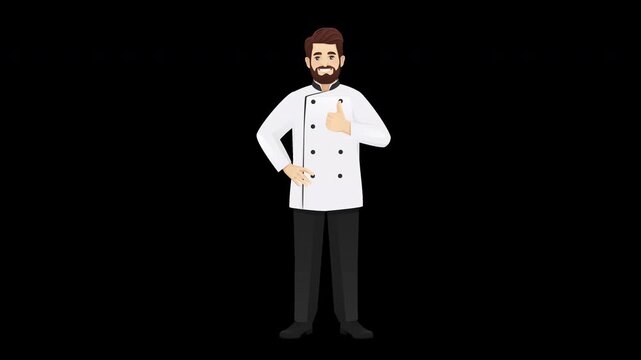 Full body cartoon chef man showing thumbs up with subtle idle motion. Seamless loop animation on transparent background with alpha channel. Friendly cook character expressing approval and satisfaction