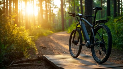 Fototapeta premium Electric Bike on Forest Path: An electric bicycle rests on a wooden bridge along a sun-dappled forest path, inviting exploration through a serene natural landscape.