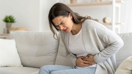 Naklejka premium Woman sitting on a couch, clutching her stomach in pain, showing symptoms of discomfort or illness in a cozy living room setting.