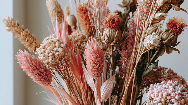 Dried flower bouquet with pink grass and beige stems in vase for rustic home decor
