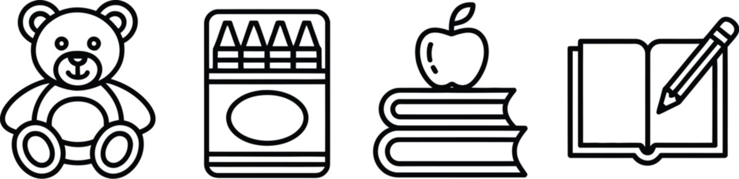 Vector illustration of childhood education line icons including teddy bear toy crayons box apple on books stack and notebook pencil.