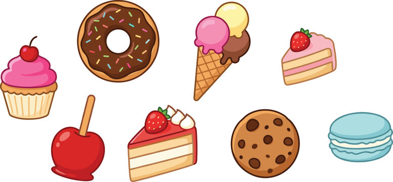 Sweet Dessert and Bakery Treat Collection with Cupcake, Donut, Ice Cream Cone, Strawberry Cake, Candy Apple, Cookie, and Macaron