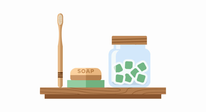 Zero Waste Bathroom Essentials Illustration with Bamboo Toothbrush, Bar Soap, and Toothpaste Tablets on Wooden Shelf - Sustainable and Plastic-Free Lifestyle Concept