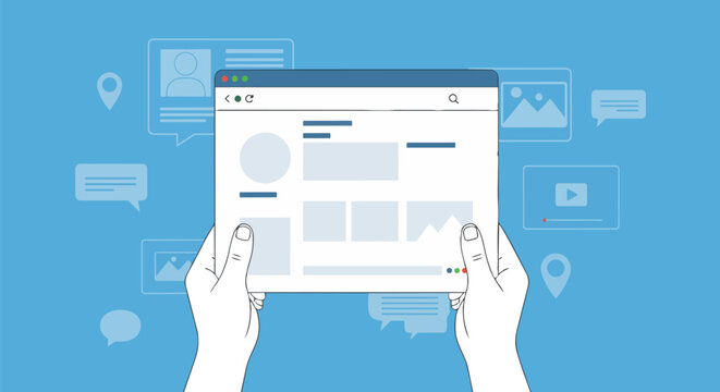 Hands holding a digital tablet with social media layout on a blue background, concept for online marketing, digital advertising, and website design.