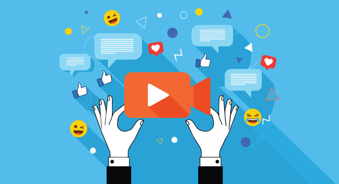 Hands holding a red video camera icon with social media elements on a blue background, perfect for video marketing, content creation, and online promotion.