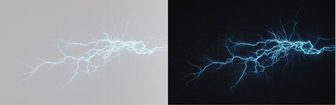 Powerful electric arc flash with sub-branches, sci-fi energy lightning beam asset on gray and black background